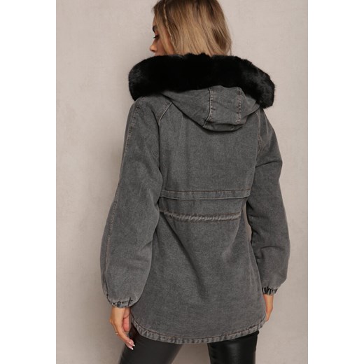 Czarna Jeansowa Kurtka Parka Ściągana w Pasie z Bawełny Ozdobiona Sztucznym Renee S wyprzedaż Renee odzież