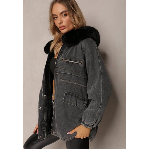 Czarna Jeansowa Kurtka Parka Ściągana w Pasie z Bawełny Ozdobiona Sztucznym Renee XXL okazyjna cena Renee odzież