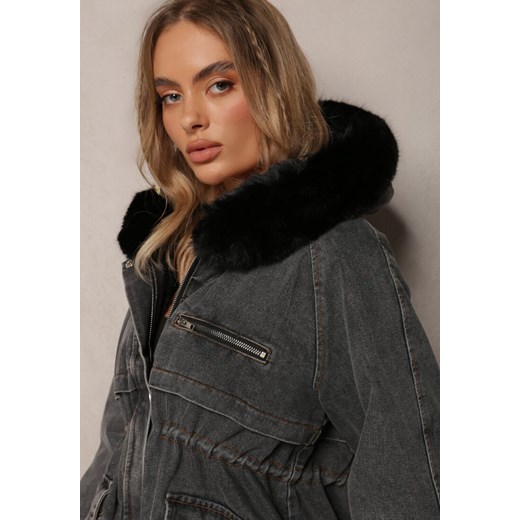 Czarna Jeansowa Kurtka Parka Ściągana w Pasie z Bawełny Ozdobiona Sztucznym Renee S okazyjna cena Renee odzież