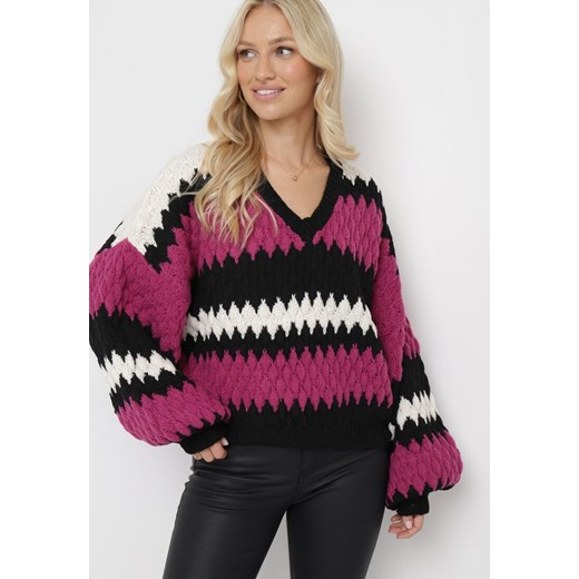 Fuksjowy Sweter Oversize z Ozdobnym Wzorem Dzianiny Mexio ze sklepu Born2be Odzież w kategorii Swetry damskie - zdjęcie 163638659