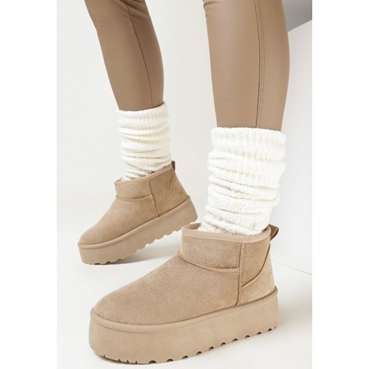 Ciemnobeżowe Krótkie Śniegowce na Platformie Ringnalda 38 wyprzedaż born2be.pl