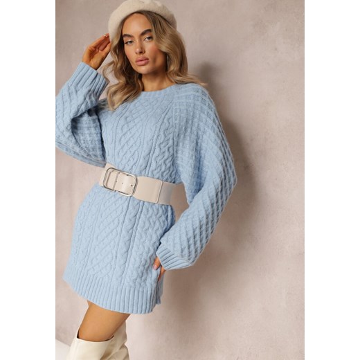 Jasnoniebieski Długi Sweter Ozdobiony Drobnym Splotem Killoe ze sklepu Renee odzież w kategorii Swetry damskie - zdjęcie 163823687