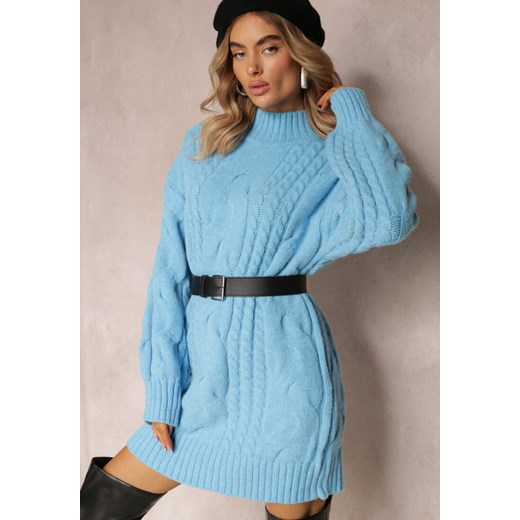 Niebieski Długi Sweter o Luźnym Kroju z Warkoczykowym Splotem Penerria ze sklepu Renee odzież w kategorii Swetry damskie - zdjęcie 163823747