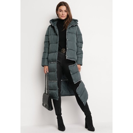 Zielona Pikowana Kurtka Płaszcz z Regulowaną Długością Maakana L wyprzedaż Born2be Odzież