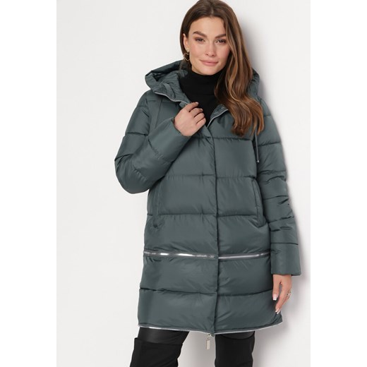 Zielona Pikowana Kurtka Płaszcz z Regulowaną Długością Maakana L wyprzedaż Born2be Odzież