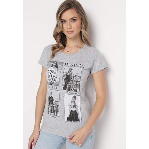 Szary Bawełniany T-shirt z Nadrukiem i Brokatem Kruita ze sklepu Born2be Odzież w kategorii Bluzki damskie - zdjęcie 163824399