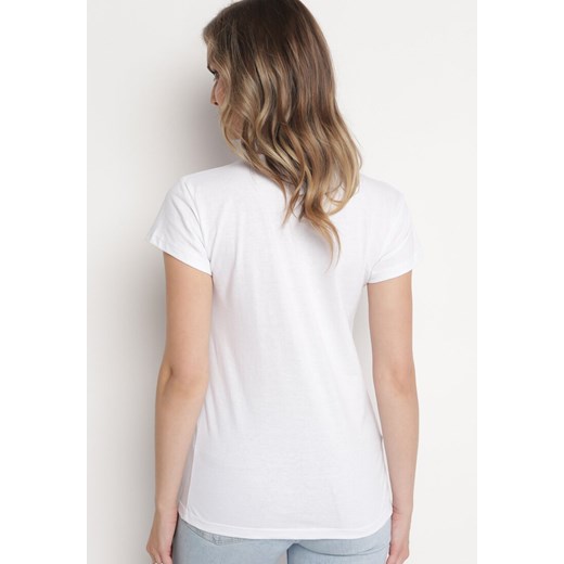 Biały Bawełniany T-shirt z Prostokątnym Nadrukiem i Brokatem Silpa L Born2be Odzież