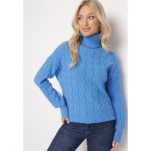 Niebieski Sweter z Golfem w Warkoczowy Splot ze Ściągaczami Maraiwai ze sklepu Born2be Odzież w kategorii Swetry damskie - zdjęcie 163824549