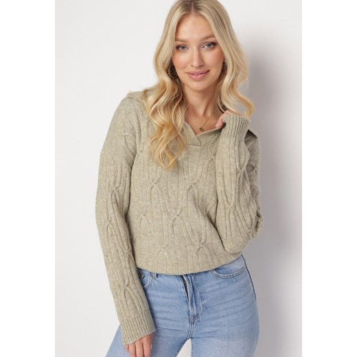 Jasnozielony Klasyczny Sweter w Ozdobny Splot Mulls ze sklepu Born2be Odzież w kategorii Swetry damskie - zdjęcie 163824569