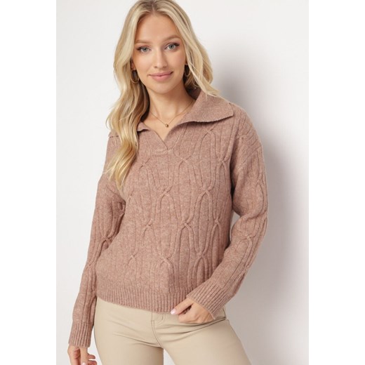Ciemnobeżowy Klasyczny Sweter w Ozdobny Splot Mulls ze sklepu Born2be Odzież w kategorii Swetry damskie - zdjęcie 163824579