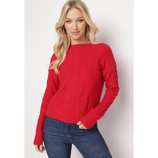Czerwony Sweter o Warkoczowym Splocie z Okrągłym Dekoltem Selinera ze sklepu Born2be Odzież w kategorii Swetry damskie - zdjęcie 163824639