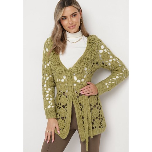 Zielony Kardigan z Ażurowym Zdobieniem i Wiązanym Paskiem Sabelia ze sklepu Born2be Odzież w kategorii Swetry damskie - zdjęcie 163833478