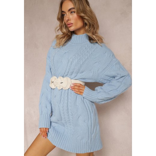 Jasnoniebieski Długi Sweter o Luźnym Kroju z Warkoczykowym Splotem Penerria ze sklepu Renee odzież w kategorii Swetry damskie - zdjęcie 163833775