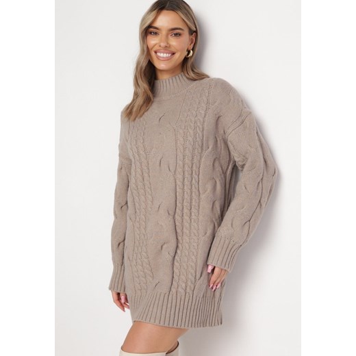 Ciemnobeżowy Luźny Sweter w Warkoczykowy Splot Sentlia ze sklepu Born2be Odzież w kategorii Swetry damskie - zdjęcie 163859038