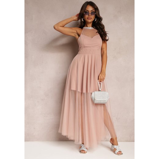 Różowa Maxi Sukienka o Rozkloszowanym Fasonie z Długim Tiulem i Ozdobnymi Cyrkoniami Amorah ze sklepu Renee odzież w kategorii Sukienki - zdjęcie 163886425