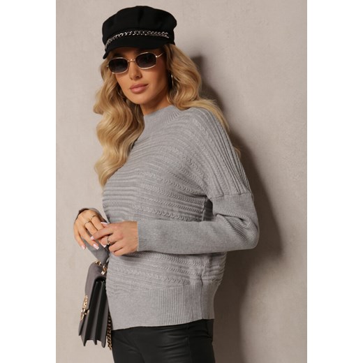Szary Asymetryczny Sweter z Wełną Ozdobiony Tłoczeniem Aurorrsa ze sklepu Renee odzież w kategorii Swetry damskie - zdjęcie 163930217