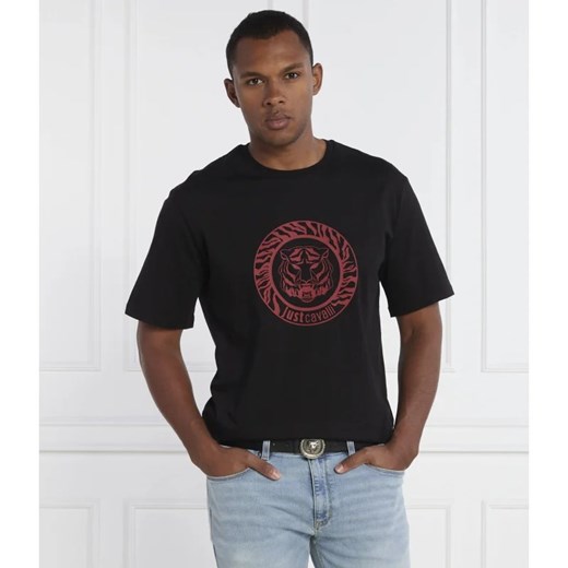 Czarny t-shirt męski Just Cavalli z krótkimi rękawami z nadrukami 