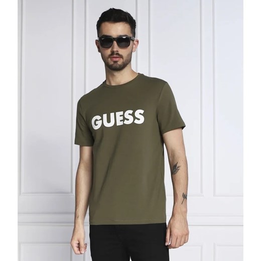 Zielony t-shirt męski Guess z krótkim rękawem z bawełny 