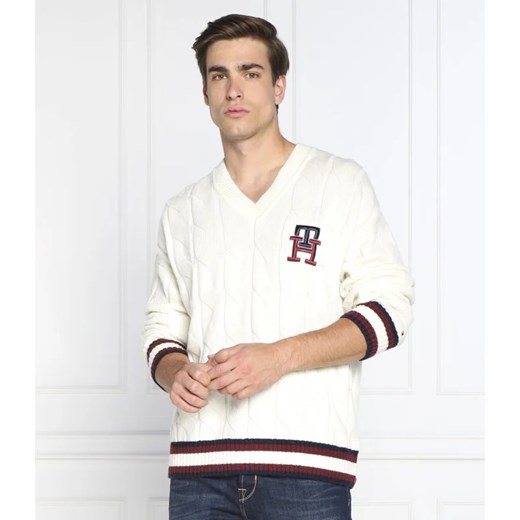 Tommy Hilfiger Wełniany sweter MONOGRAM CABLE CRICKET | Oversize fit Tommy Hilfiger M promocja Gomez Fashion Store