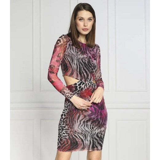 Sukienka Guess mini dopasowana z długim rękawem z okrągłym dekoltem w abstrakcyjne wzory 