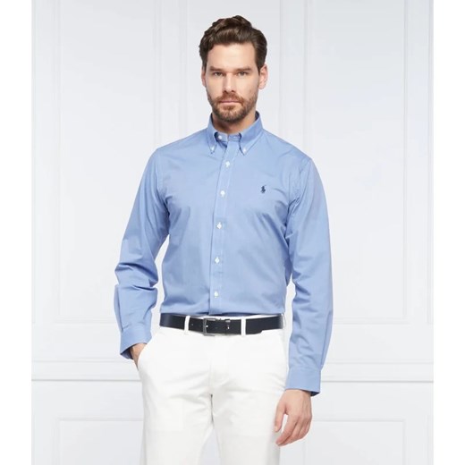Niebieska koszula męska Polo Ralph Lauren z kołnierzykiem button down z długimi rękawami casualowa z elastanu