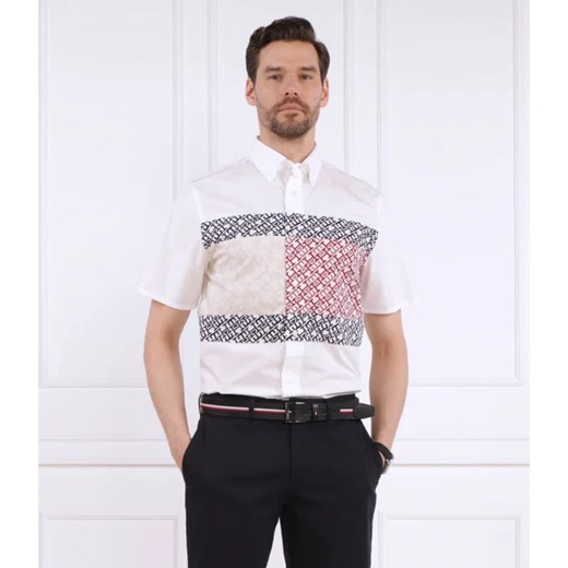 Koszula męska biała Tommy Hilfiger w abstrakcyjnym wzorze z krótkimi rękawami z klasycznym kołnierzykiem 