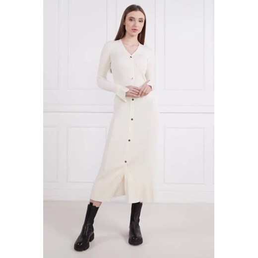Sukienka Hugo Boss casual beżowa midi z dekoltem v 