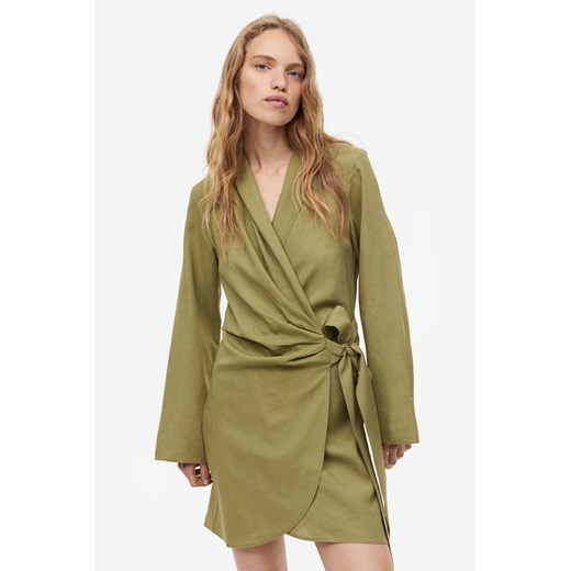 H & M - Kopertowa sukienka z domieszką lnu - Zielony H & M XL H&M