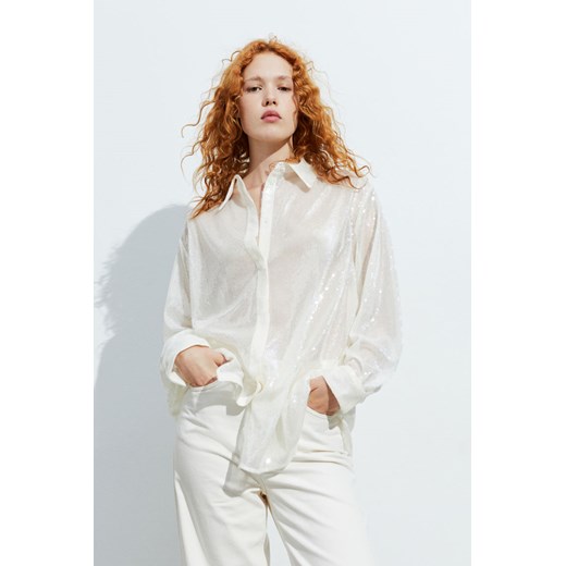 H & M - Bluzka oversize z cekinami - Biały H & M M H&M