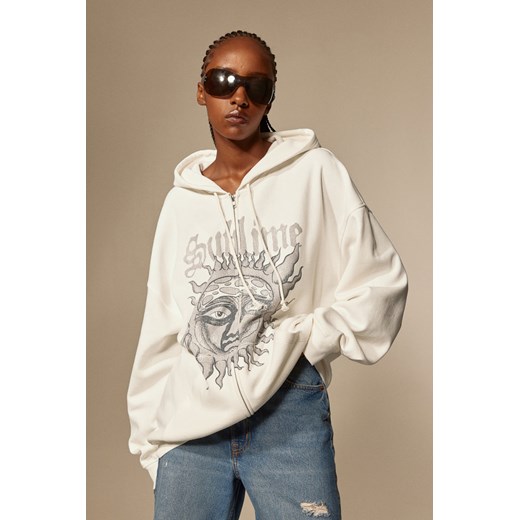 H & M - Rozpinana bluza oversize z kapturem i nadrukiem - Biały H & M L H&M