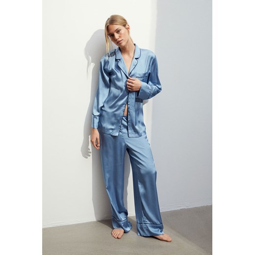 H & M - Satynowa piżama z koszulą i spodniami - Niebieski H & M XS H&M