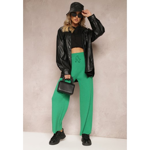 Zielone Dzianinowe Spodnie w Prążki z Gumką w Pasie i Szerokimi Nogawkami Florresta ze sklepu Renee odzież w kategorii Spodnie damskie - zdjęcie 164436577