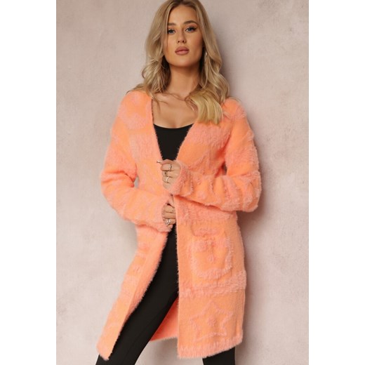 Pomarańczowy Długi Kardigan Puszysty Aborra ze sklepu Renee odzież w kategorii Swetry damskie - zdjęcie 164441569