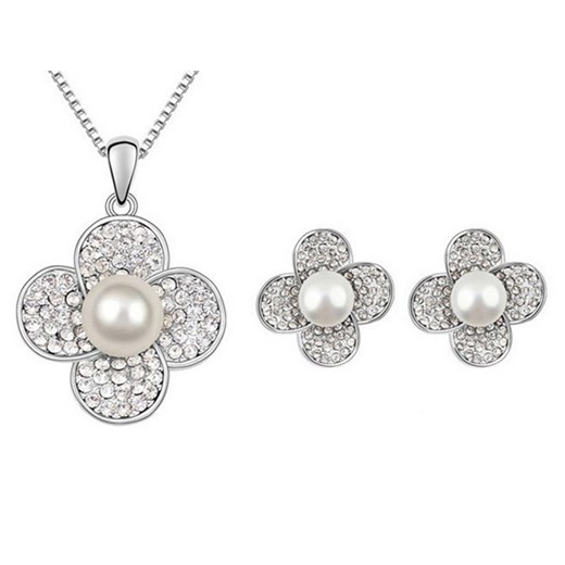 komplet biżuterii kwiaty z białą perłą Lovrin promocja LOVRIN