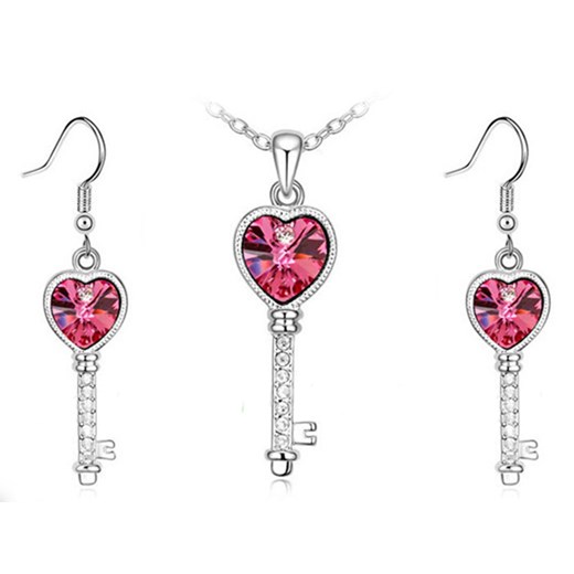 komplet biżuterii różowe serce klucz z białych cyrkonii Lovrin okazja LOVRIN