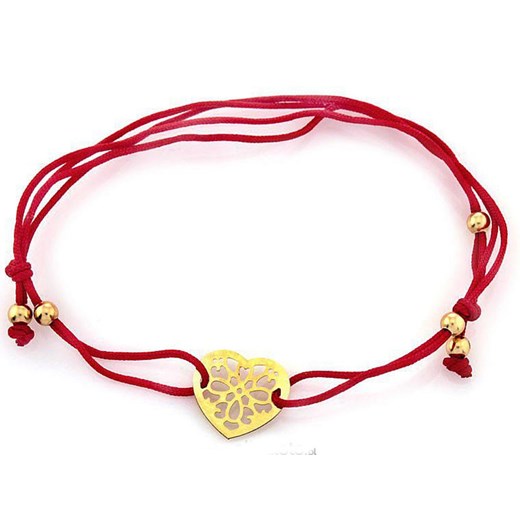 złota bransoletka 585 ażurowe serce na czerwonym sznurku Lovrin LOVRIN
