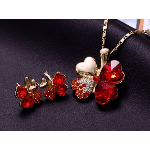 komplet biżuterii koniczynki rubinowe prezent Lovrin promocja LOVRIN