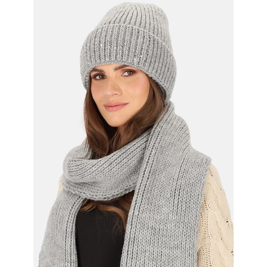 Komplet szara czapka i szalik z cekinami L'AF Ginny Uniwersalny Eye For Fashion