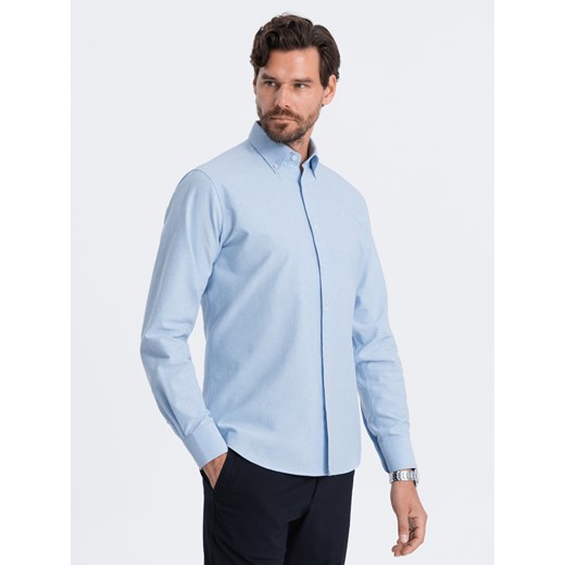 Klasyczna bawełniana męska koszula Oxford REGULAR – niebieska V2 OM-SHOS-0114 ze sklepu ombre w kategorii Koszule męskie - zdjęcie 164505157