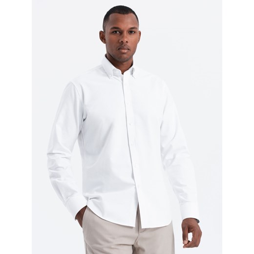 Klasyczna bawełniana koszula męska typu Oxford REGULAR – biała V1 OM-SHOS-0114 ze sklepu ombre w kategorii Koszule męskie - zdjęcie 164505187