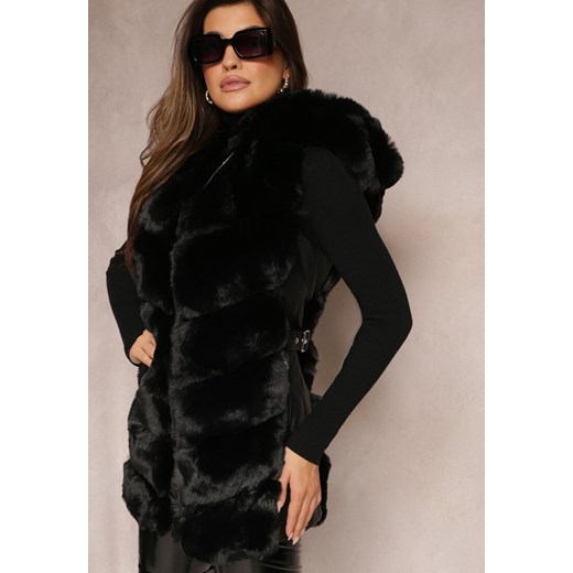 Czarna Futrzana Kamizelka z Kapturem Kornelssa ze sklepu Renee odzież w kategorii Kamizelki damskie - zdjęcie 164506939