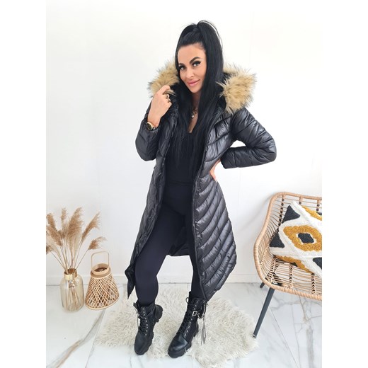 nowość długa zimowa kurtka płaszcz norway z kapturem i futrem - czarna ze sklepu STYLOWO w kategorii Kurtki damskie - zdjęcie 164522015