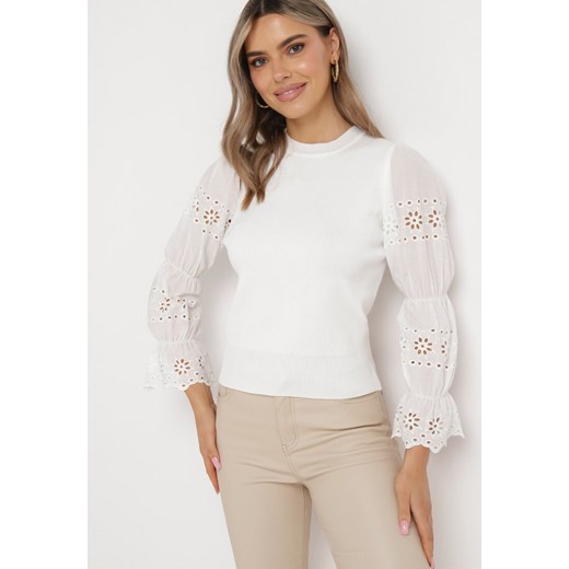 Biały Sweter z Ażurowym Rękawem Ozdobionym Haftem Obylike ze sklepu Born2be Odzież w kategorii Swetry damskie - zdjęcie 164525818