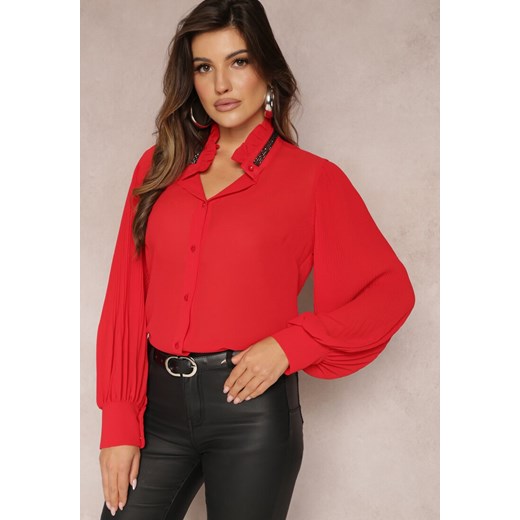 Czerwona Koszula ze Stójką w Cyrkonie i Bufiastym Rękawem Kutto ze sklepu Renee odzież w kategorii Koszule damskie - zdjęcie 164526268