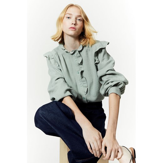 H & M - Muślinowa bluzka z falbankami - Zielony H & M M H&M