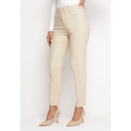 Jasnobeżowe Spodnie z Wysokim Stanem z Ekoskóry Rowinna ze sklepu Born2be Odzież w kategorii Spodnie damskie - zdjęcie 164563079