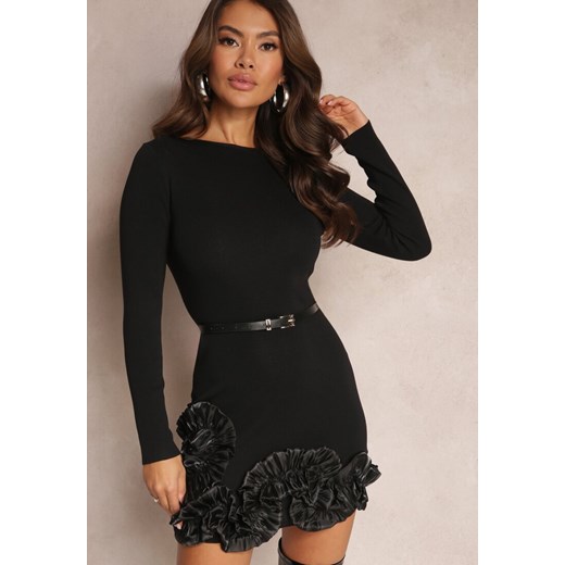 Czarna Sweterkowa Sukienka Mini z Falbankami Samuella ze sklepu Renee odzież w kategorii Sukienki - zdjęcie 164569796