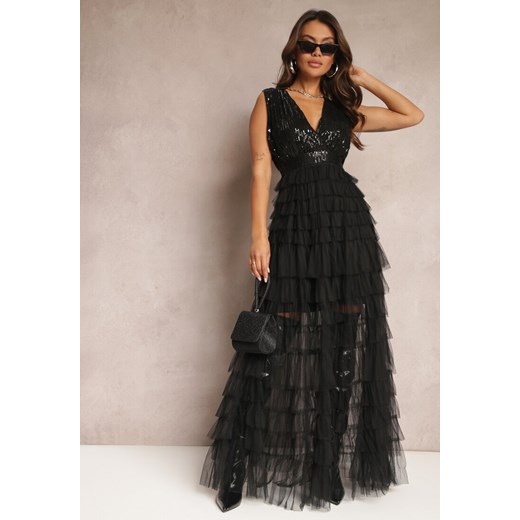 Czarna Maxi Rozkloszowana Sukienka z Kopertowym Dekoltem oraz Wiązaniem Buffega ze sklepu Renee odzież w kategorii Sukienki - zdjęcie 164569837
