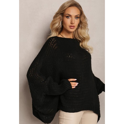 Czarny Luźny Sweter Dzianinowy w Stylu Ponczo Nattava ze sklepu Renee odzież w kategorii Swetry damskie - zdjęcie 164570127
