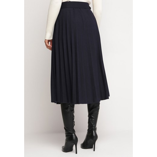 Granatowa Spódnica Midi Plisowana z Dopasowanym Paskiem w Komplecie Purnota ONE SIZE okazja Born2be Odzież